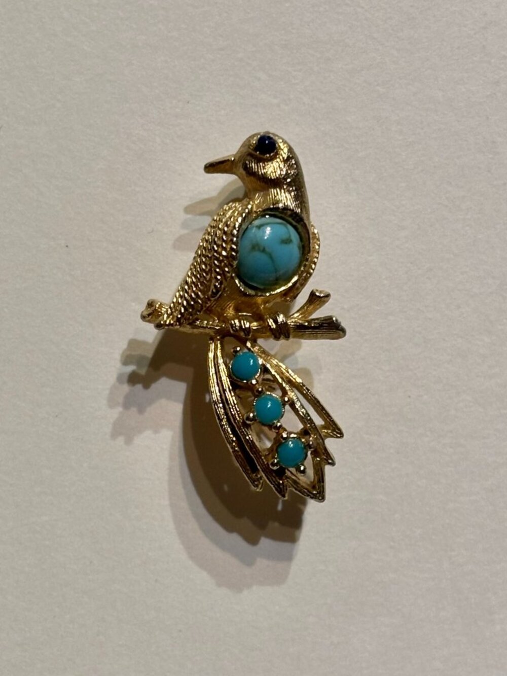 Vintage Sphinx Turquoise Cabochon Bird on Branch Gold Plated Brooch Pin Signed